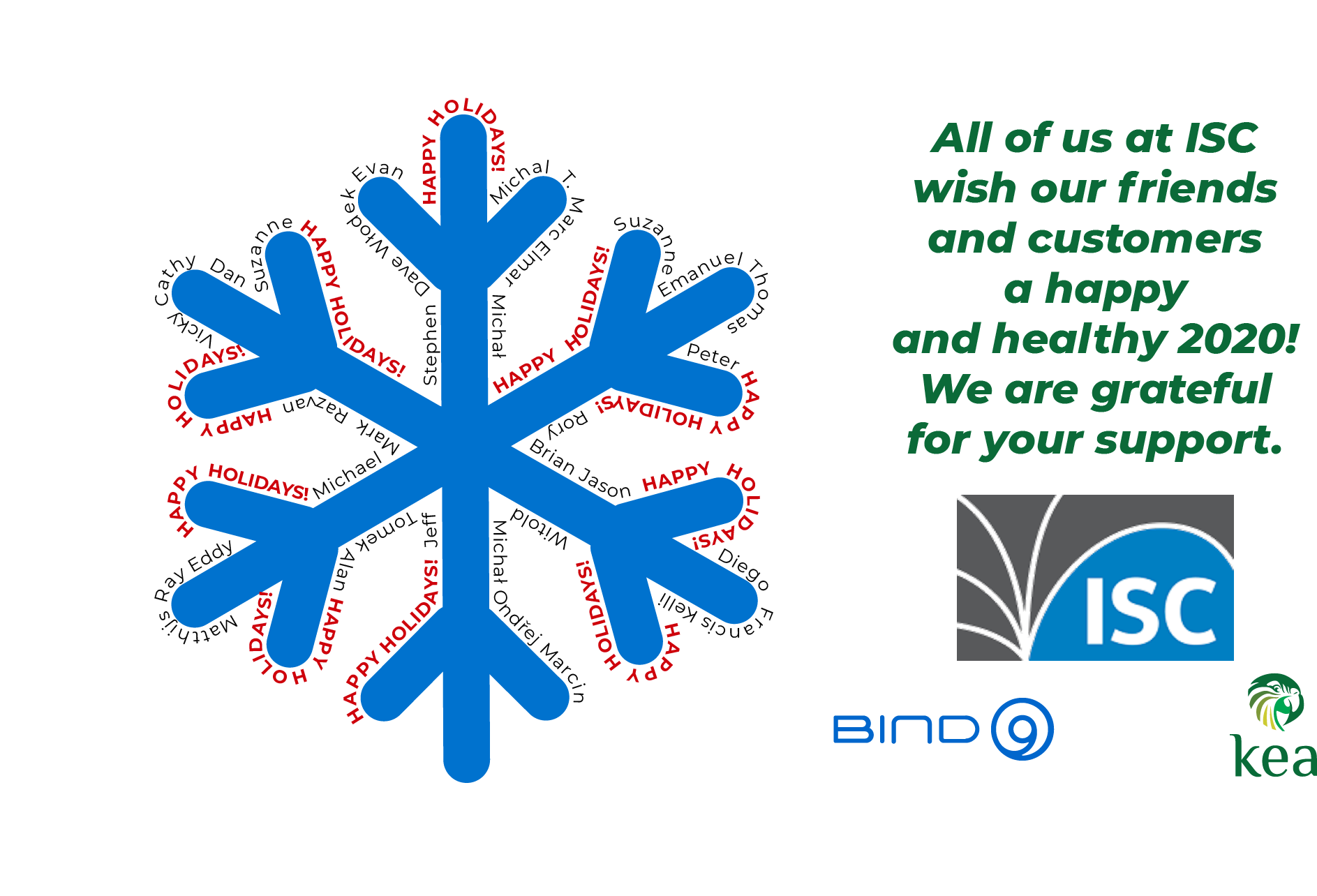 ISC's 2019 holiday card, which reads 'All of us at ISC wish our friends and customers a happy and healthy 2020! We are grateful for your support,' accompanied by a graphic of a blue snowflake around the outline of which are listed the names of all of ISC's staff members