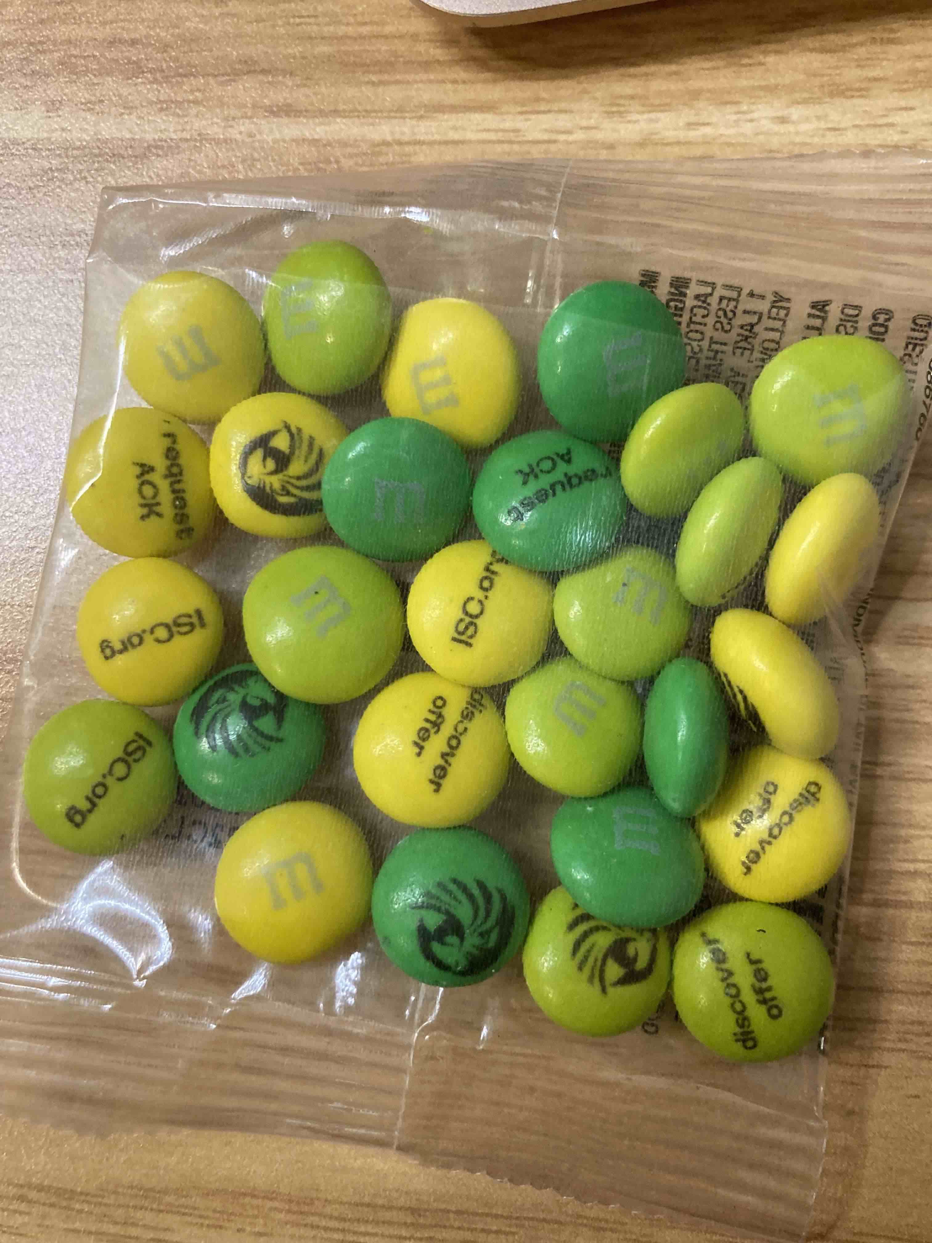 Green, yellow and dark green M&Ms with Discover, Offer, Request and Ack written on them