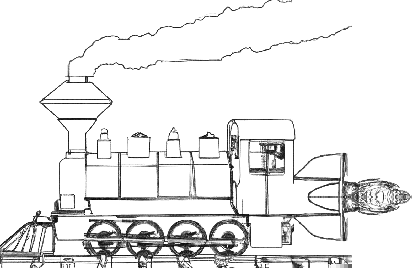 Smoking steam engine with running rocket engine tacked to the rear end, pencil sketch, hand assembled from images generated by DALL-E 2
