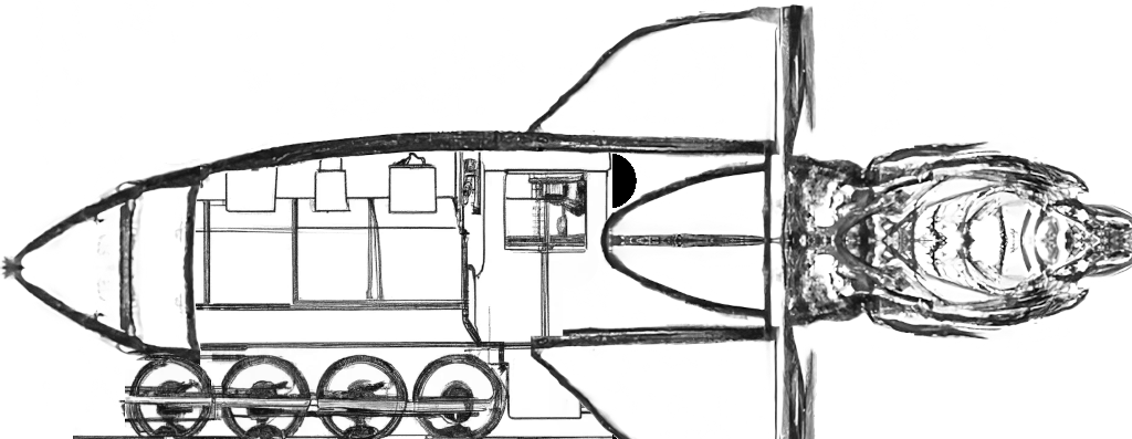 Rocket outline in upper half, steam engine in bottom half, with running rocket engine tacked to the rear end, pencil sketch, hand assembled from images generated by DALL-E 2