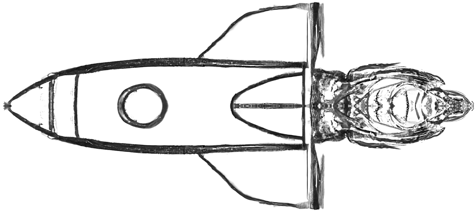 Rocket with engine running, pencil sketch, generated by DALL-E 2 and edited by hand