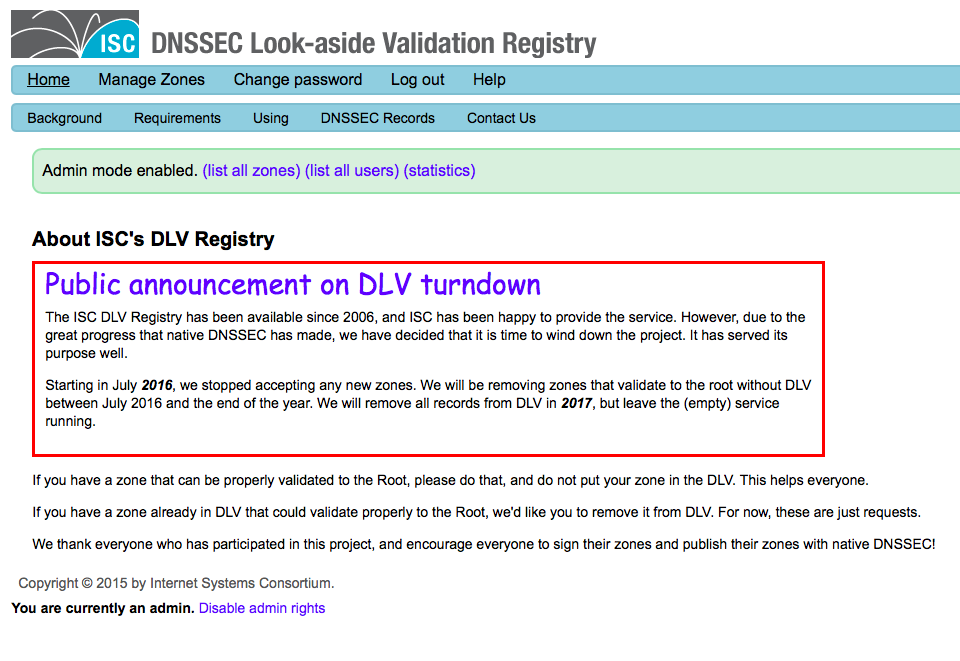 DNSSEC Look-Aside Validation Registry screenshot, showing 'Public announcement of DLV turndown' text