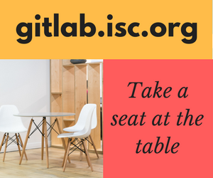 Photo of a table and three chairs, with the text 'gitlab.isc.org: Take a seat at the table'