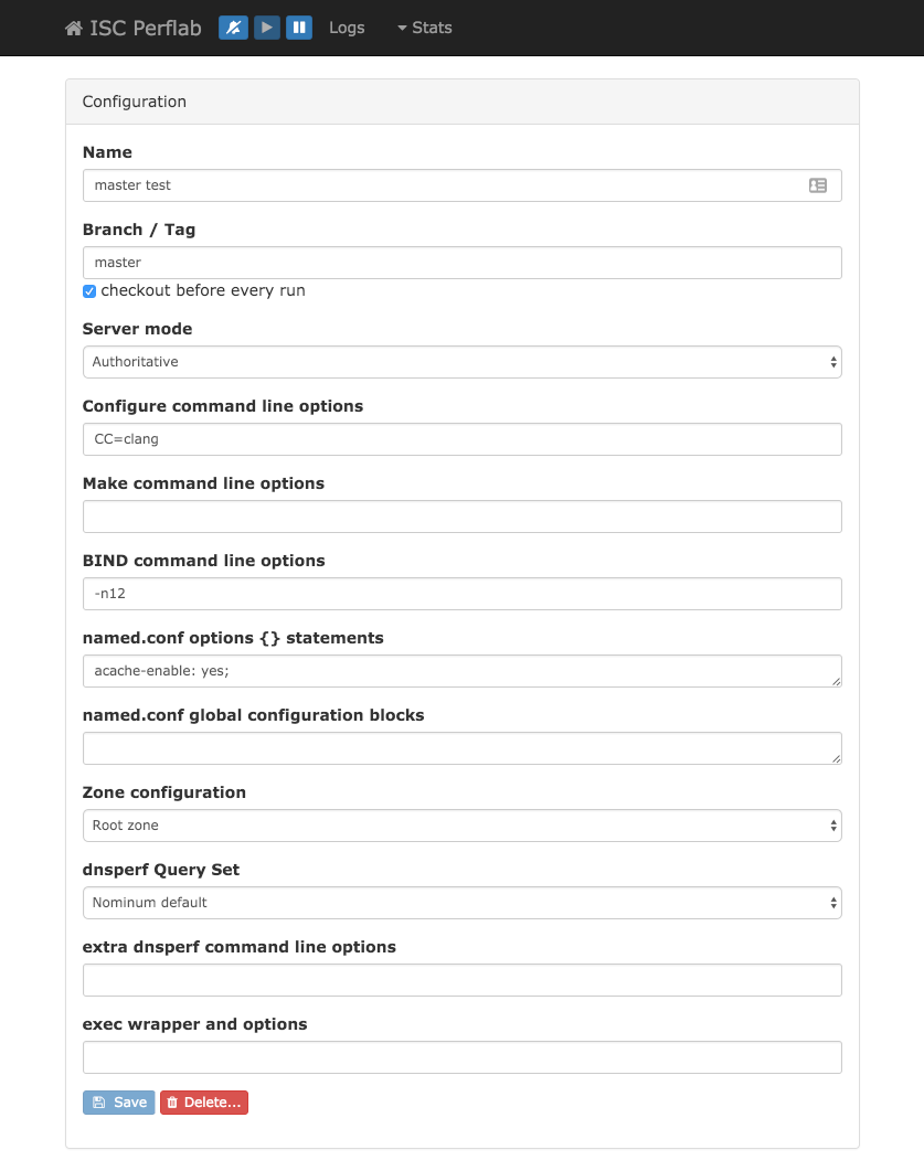 ISC Perflab screenshot of configuration options